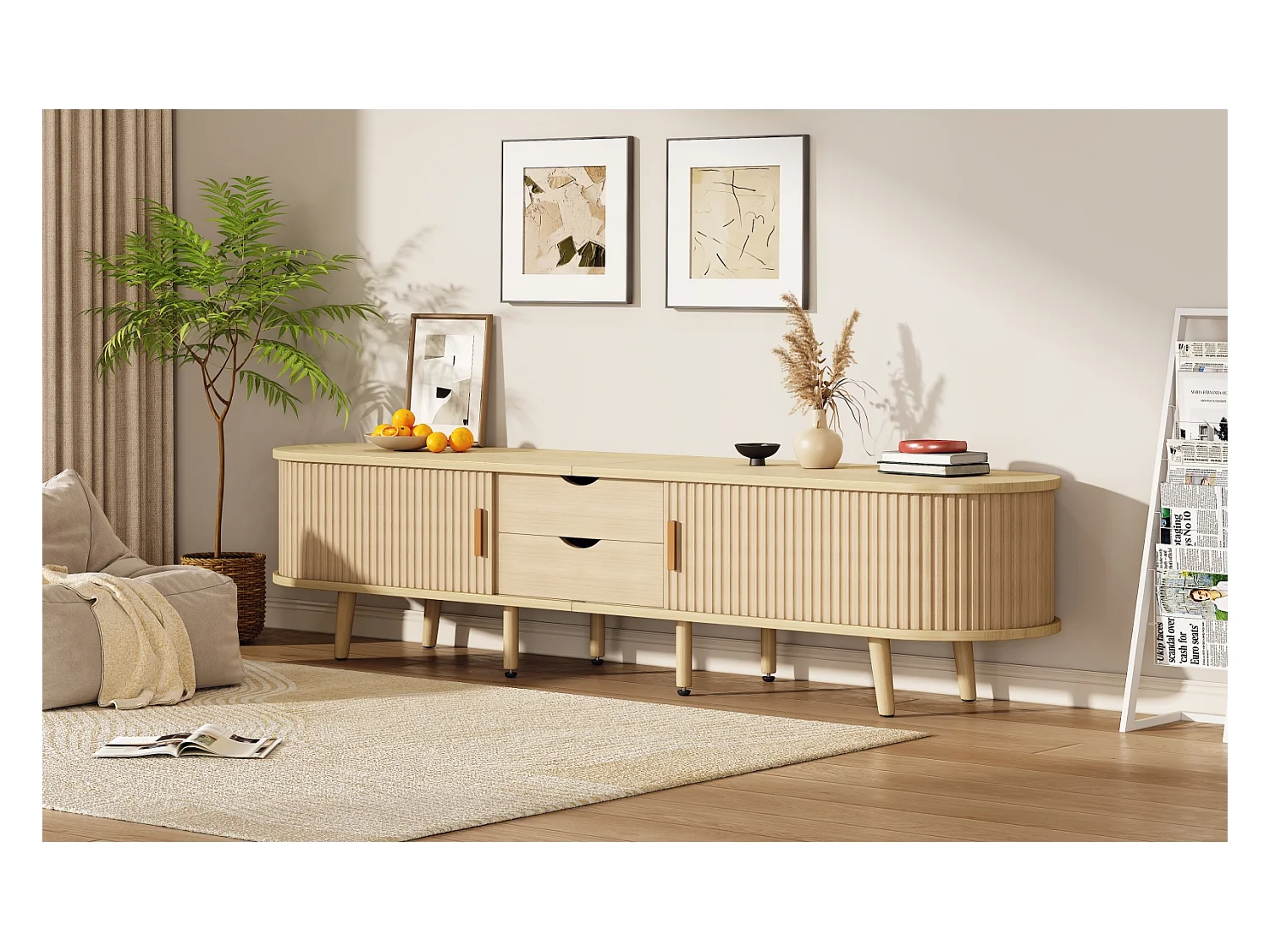 Mueble de TV para sala de estar con espacio de almacenamiento + tablero redondo de MDF con veta de madera, 2 cajones, color madera