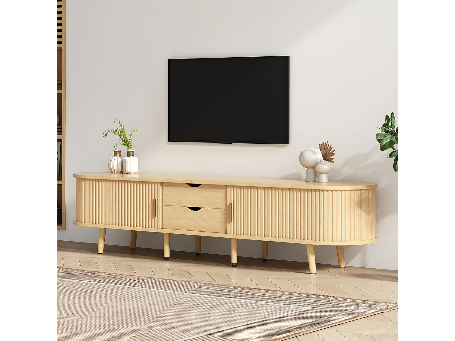 Móvel de TV para sala de estar com espaço de armazenamento + tampo redondo de MDF com textura de madeira e 2 gavetas, cor de madeira