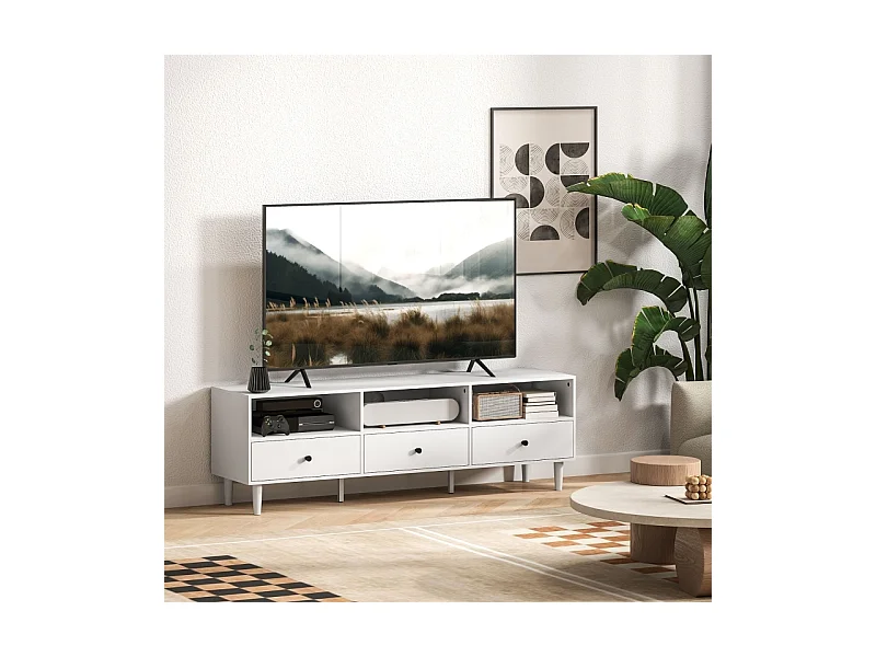 Suporte de TV, armário de TV de madeira, banco de TV, com 3 prateleiras abertas, 3 gavetas e gerenciamento de cabos, branco