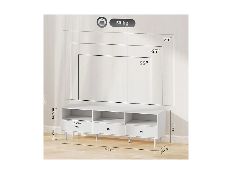 Suporte de TV, armário de TV de madeira, banco de TV, com 3 prateleiras abertas, 3 gavetas e gerenciamento de cabos, branco