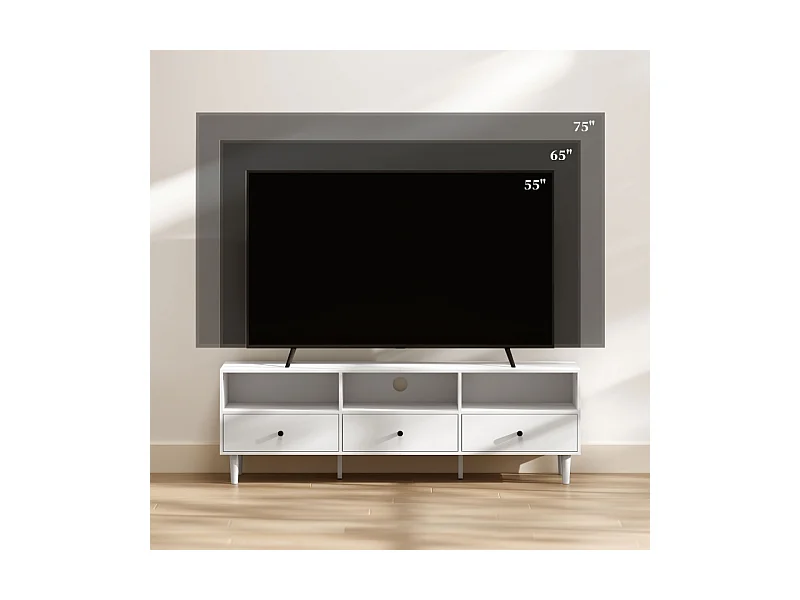 Suporte de TV, armário de TV de madeira, banco de TV, com 3 prateleiras abertas, 3 gavetas e gerenciamento de cabos, branco