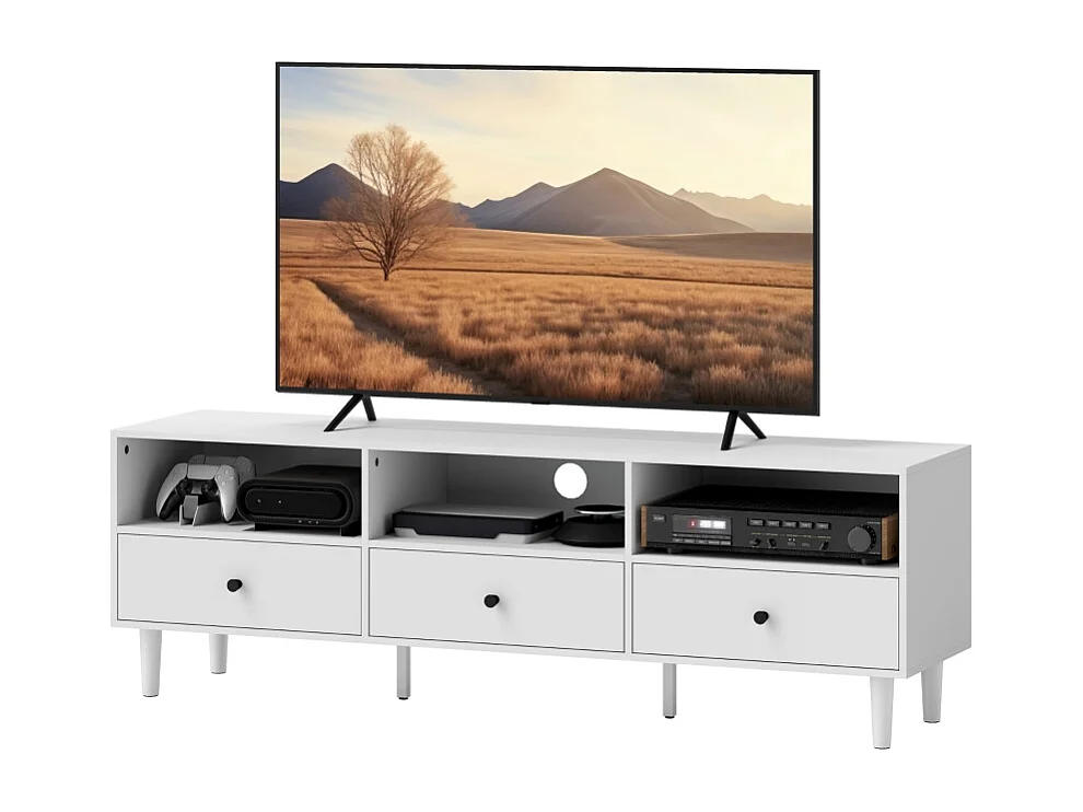 Meuble TV Meuble télé Bois Banc TV, avec 3 étagères Ouvertes, 3 tiroirs et Passe-câbles, Blanc