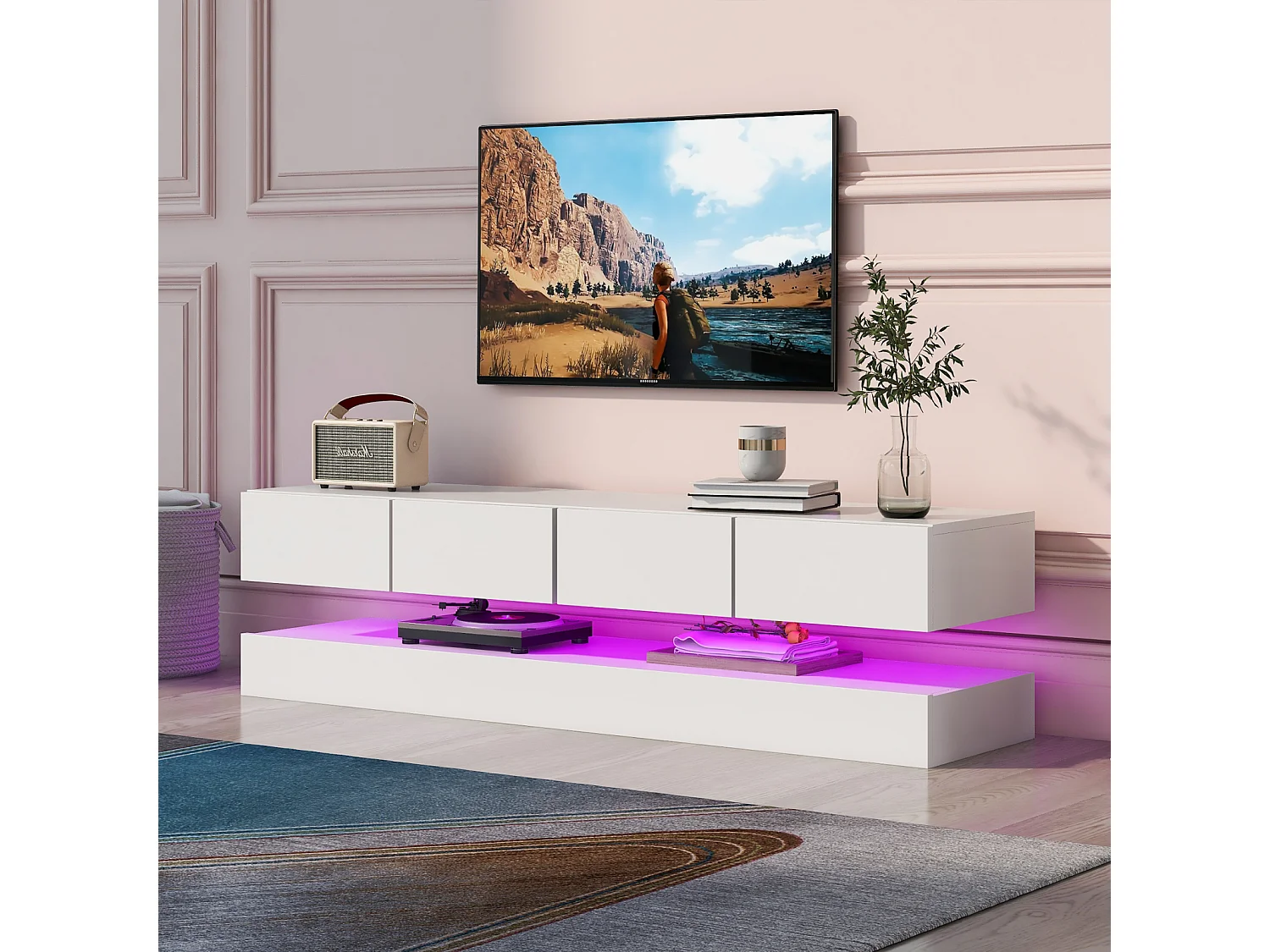 Mueble TV LED con iluminación RGB de 16 colores, 2 armarios y 4 cajones, 130 x 33 x 15 cm, blanco