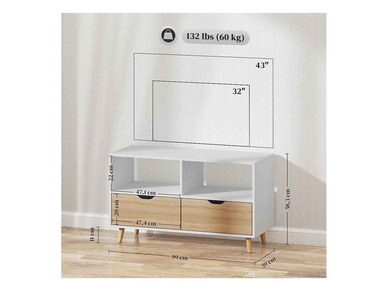 Mueble TV bajo con patas estilo escandinavo 2 cajones Color roble claro Blanco