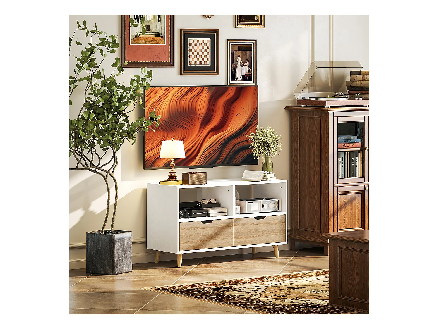 Mueble TV bajo con patas estilo escandinavo 2 cajones Color roble claro Blanco