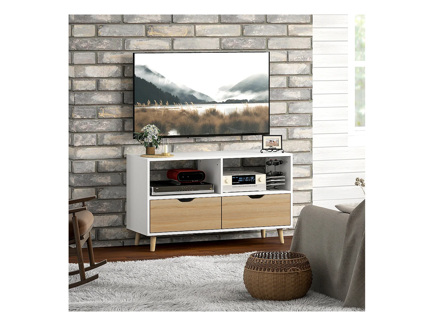 Mueble TV bajo con patas estilo escandinavo 2 cajones Color roble claro Blanco