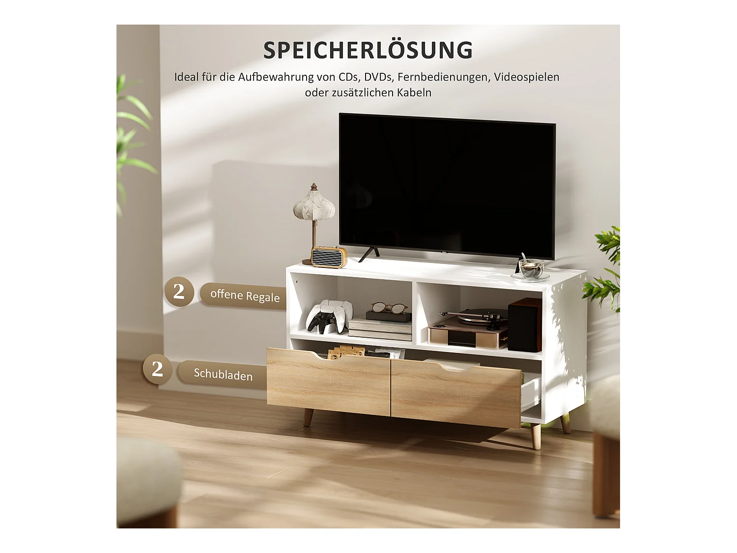 Mueble TV bajo con patas estilo escandinavo 2 cajones Color roble claro Blanco