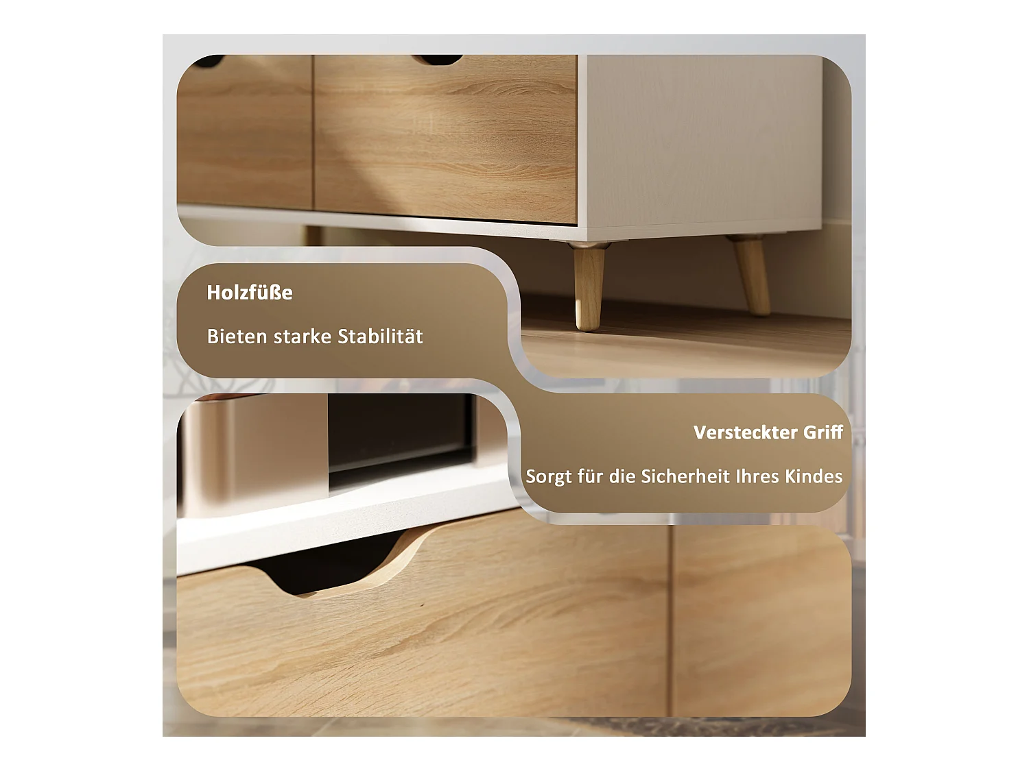 Mueble TV bajo con patas estilo escandinavo 2 cajones Color roble claro Blanco