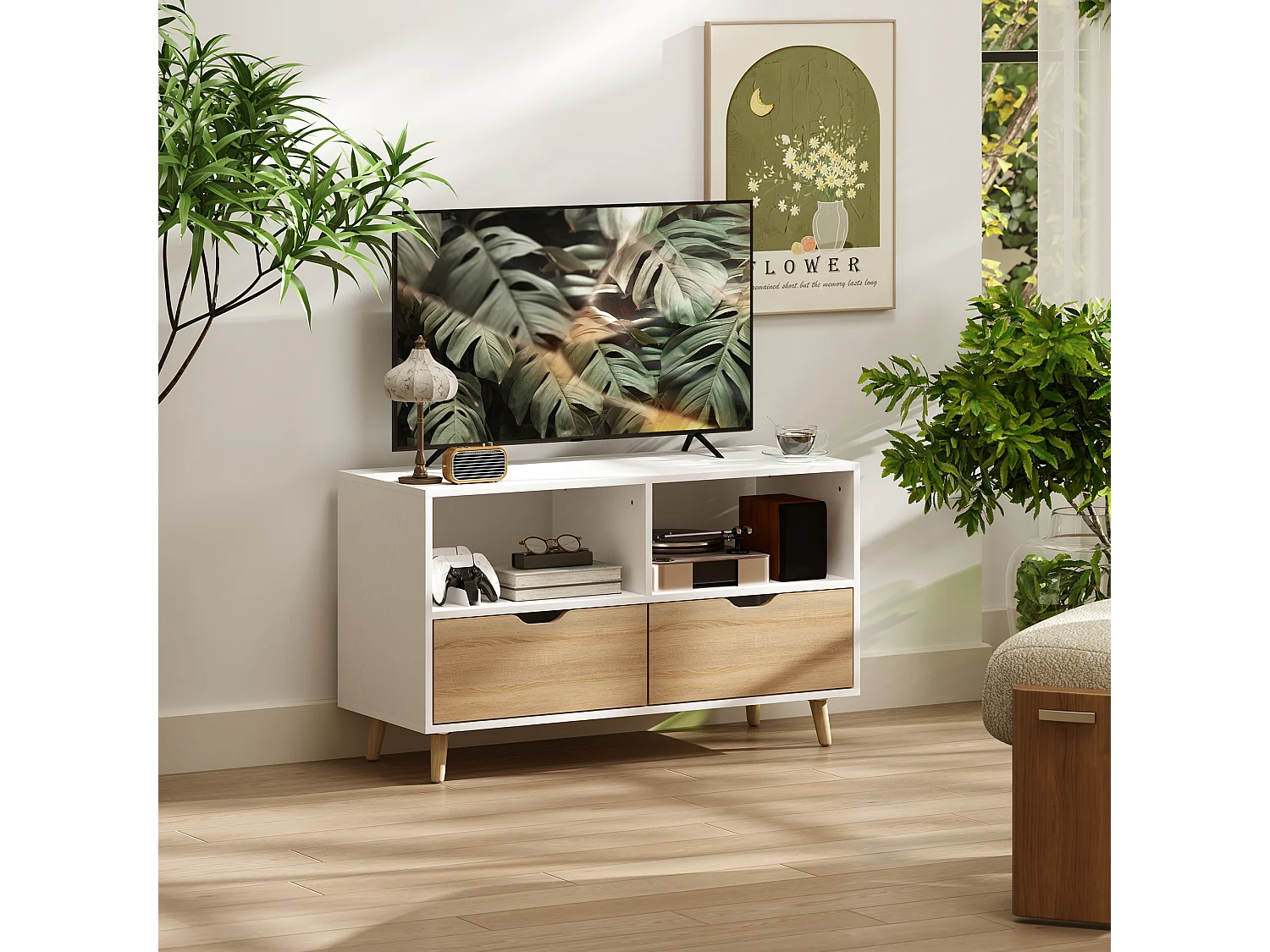 Meuble TV Bas sur Pieds Style scandinave 2 tiroirs Coloris chêne Clair Blanc