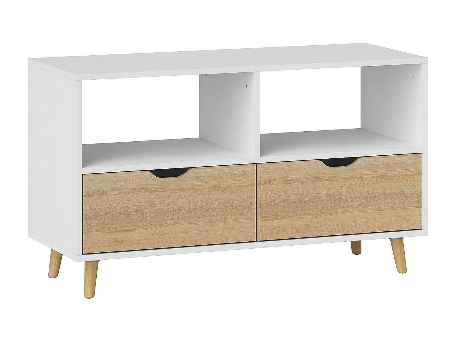 Meuble TV Bas sur Pieds Style scandinave 2 tiroirs Coloris chêne Clair Blanc
