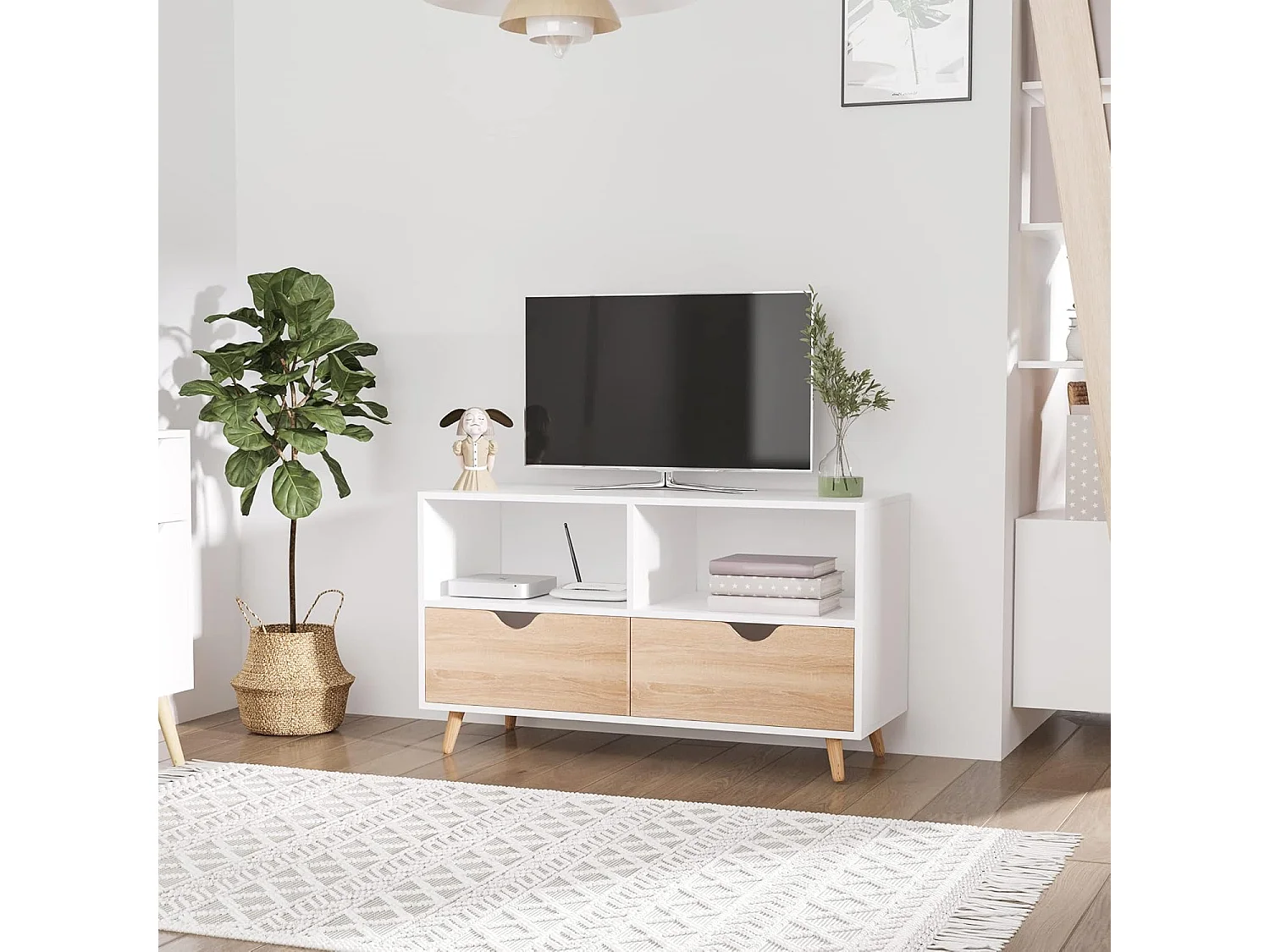 Meuble TV Bas sur Pieds Style scandinave 2 tiroirs Coloris chêne Clair Blanc