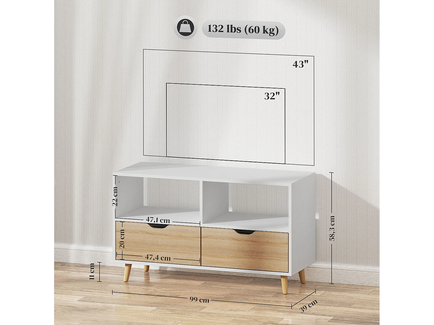 Meuble TV Bas sur Pieds Style scandinave 2 tiroirs Coloris chêne Clair Blanc