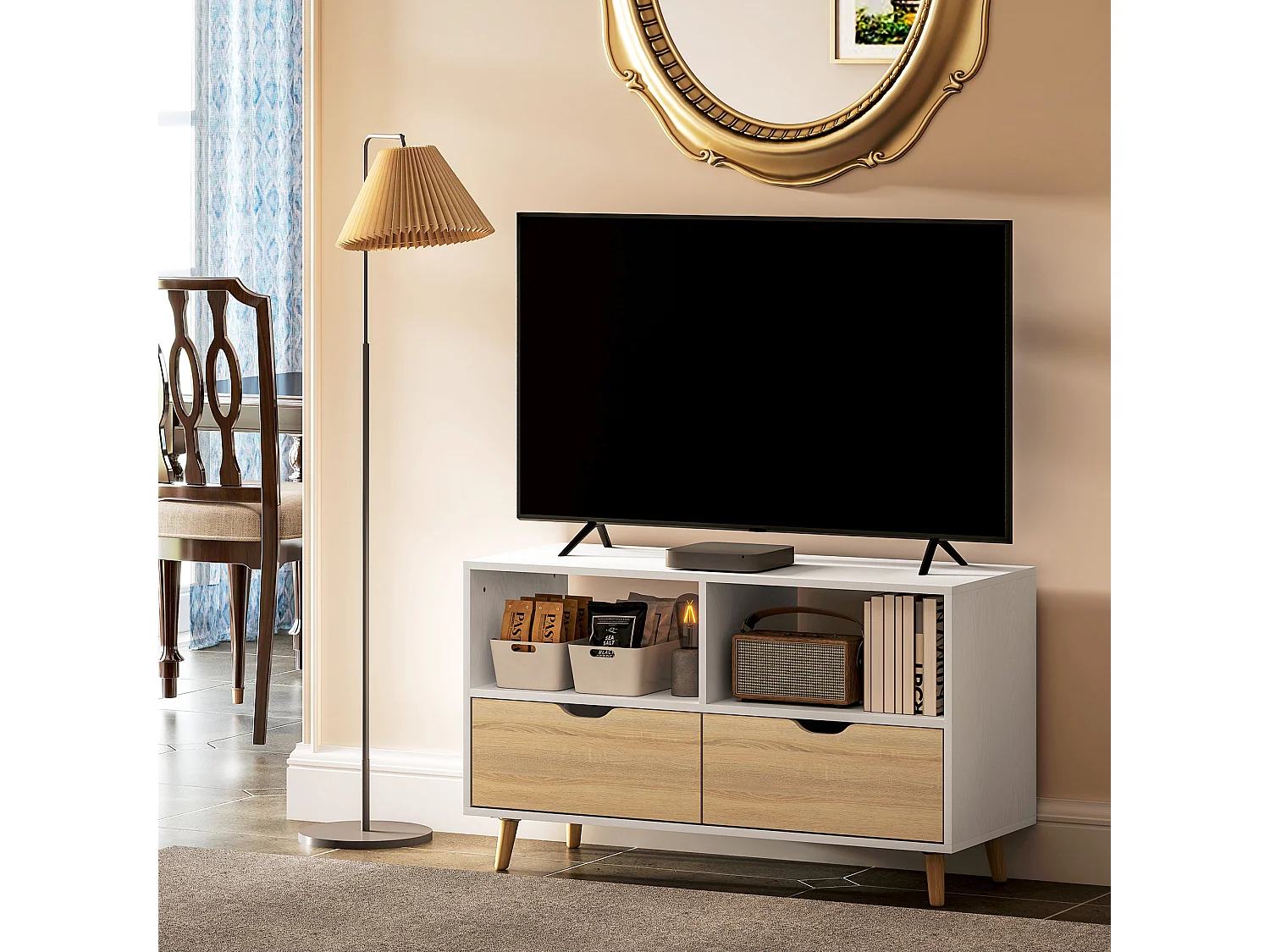 Meuble TV Bas sur Pieds Style scandinave 2 tiroirs Coloris chêne Clair Blanc