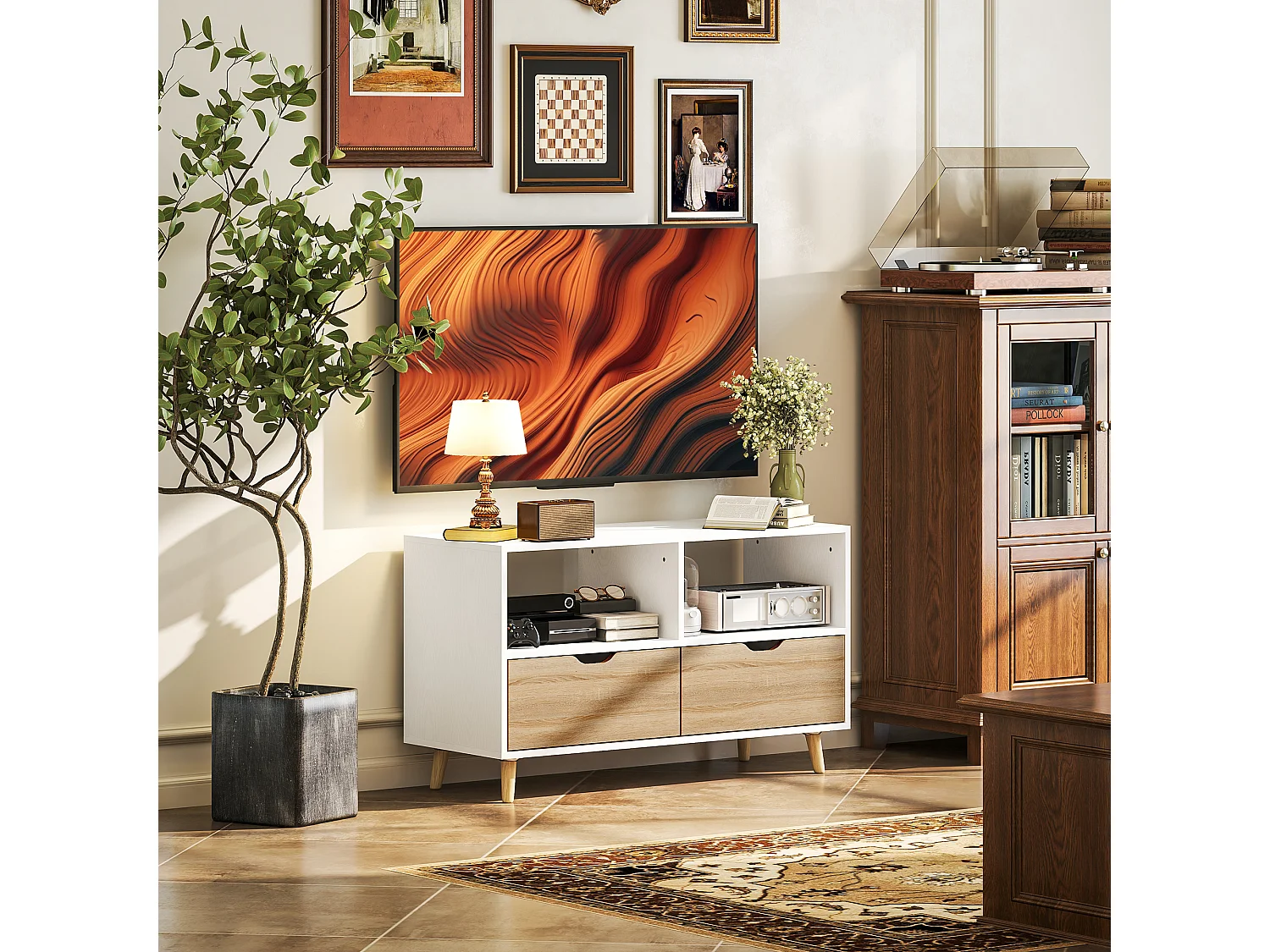 Meuble TV Bas sur Pieds Style scandinave 2 tiroirs Coloris chêne Clair Blanc