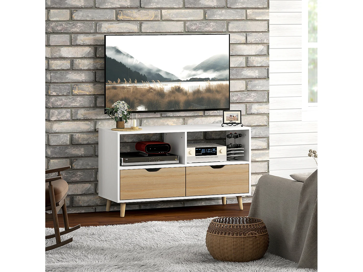 Meuble TV Bas sur Pieds Style scandinave 2 tiroirs Coloris chêne Clair Blanc