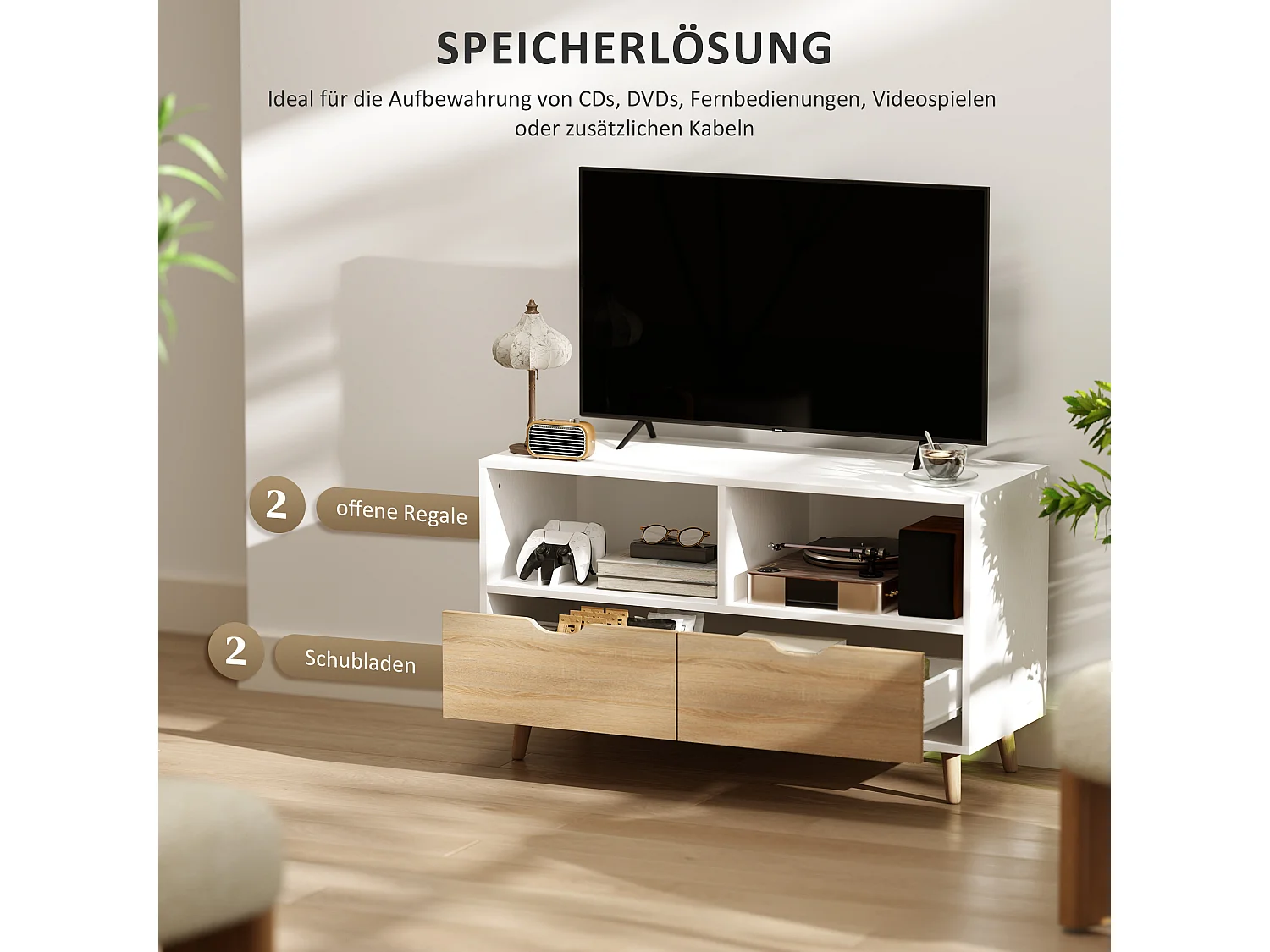 Meuble TV Bas sur Pieds Style scandinave 2 tiroirs Coloris chêne Clair Blanc