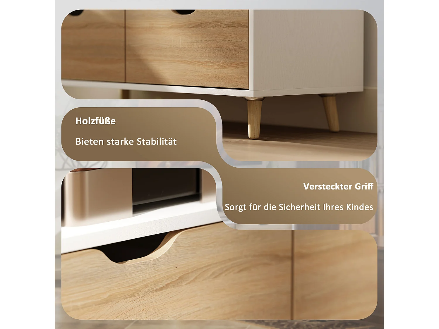 Meuble TV Bas sur Pieds Style scandinave 2 tiroirs Coloris chêne Clair Blanc