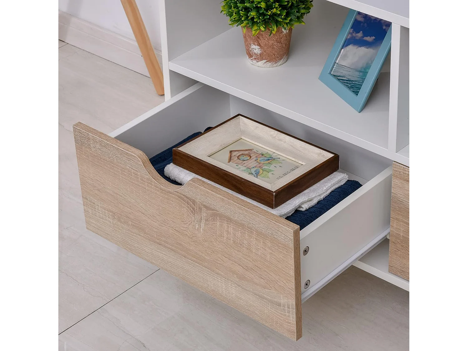 Meuble TV Bas sur Pieds Style scandinave 2 tiroirs Coloris chêne Clair Blanc