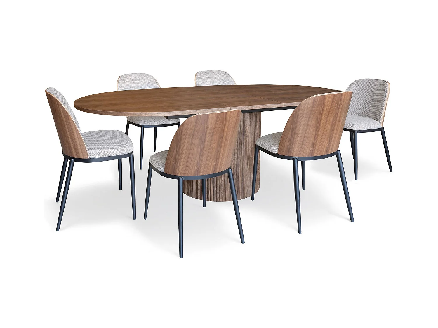 Now's Home - Ens Table  Ovale Ext Effet Bois Noyer+6chaise Latte 180/220  Sierra
