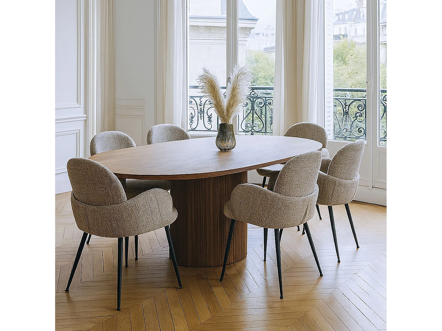 Now's Home - Ensemble Table Ovale Extensible Et 6 Fauteuils En Tweed