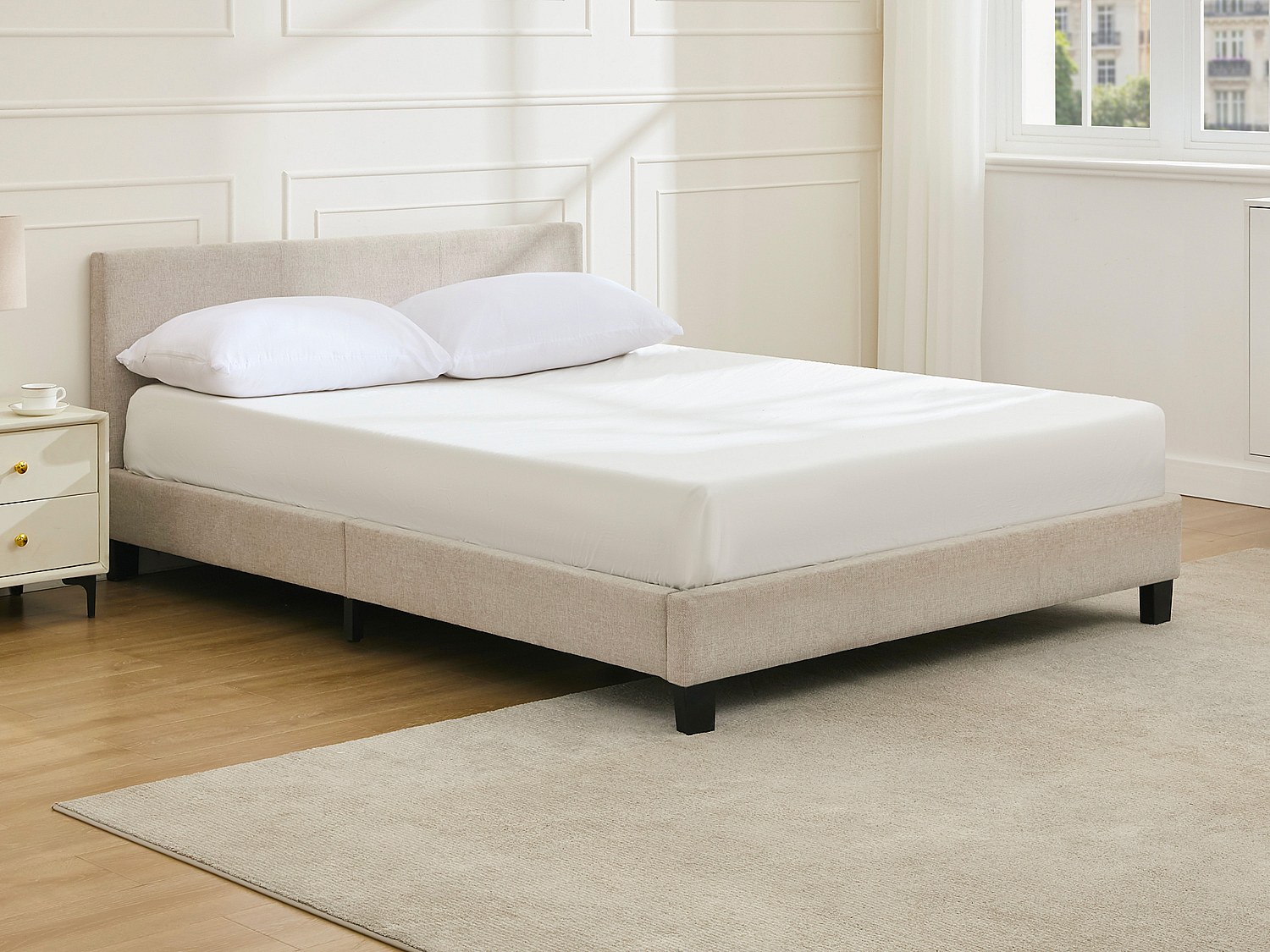 Seng 140 x 190 cm - Stoff - Beige + Madrass - CORNELIUS II