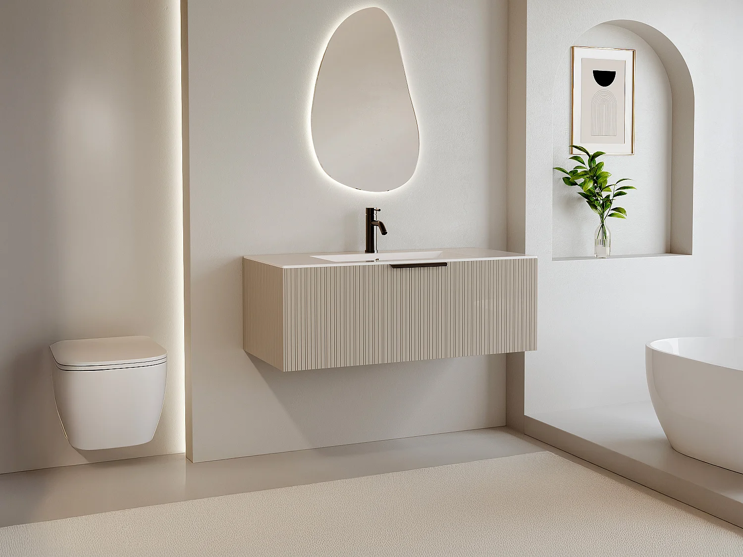 Meuble de salle de bain suspendu strié avec vasque à encastrer - Coloris beige - 100 cm - PALIRO