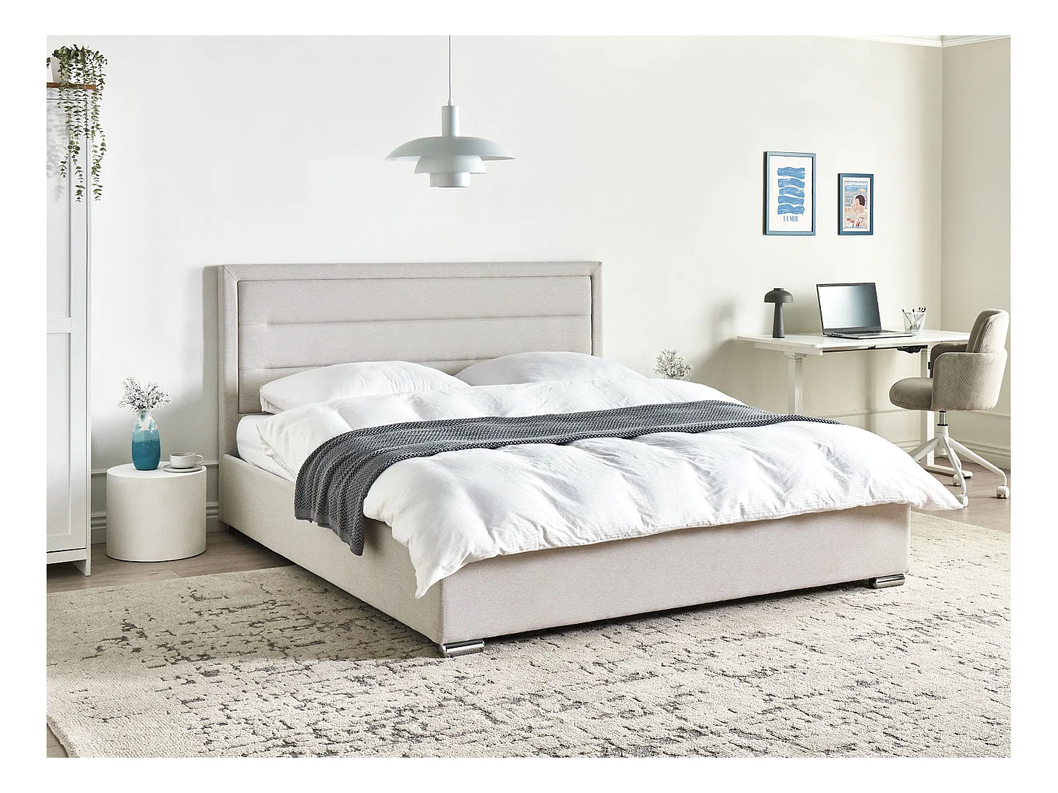 Lit ottoman Tissu ROUEN 180 x 200 cm Beige clair