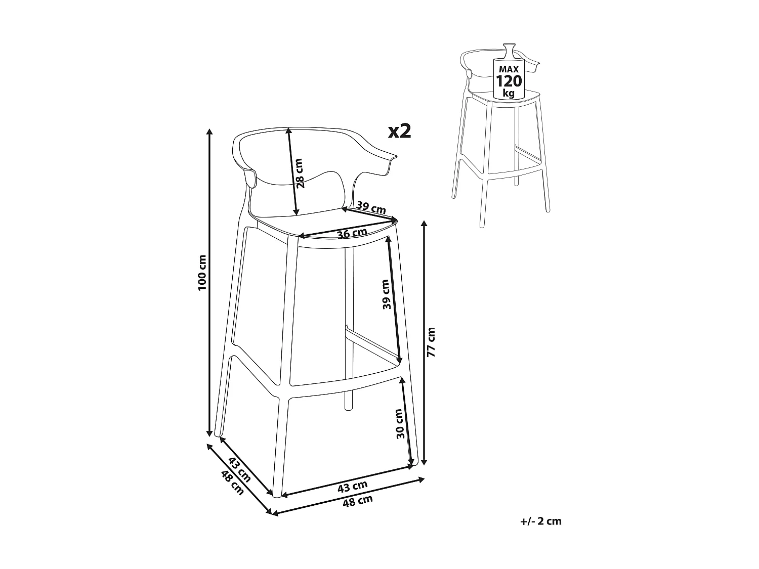 Lot de 2 chaises de bar de jardin GUBBIO Noir