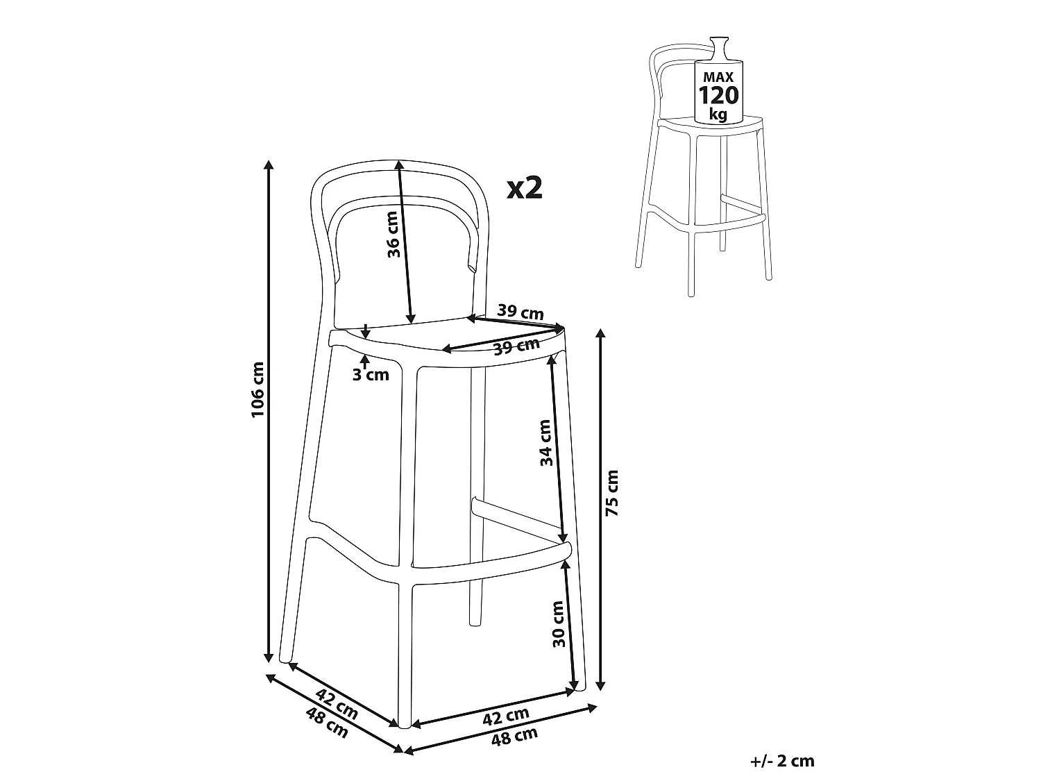 Lot de 2 chaises de bar de jardin PORANO Noir