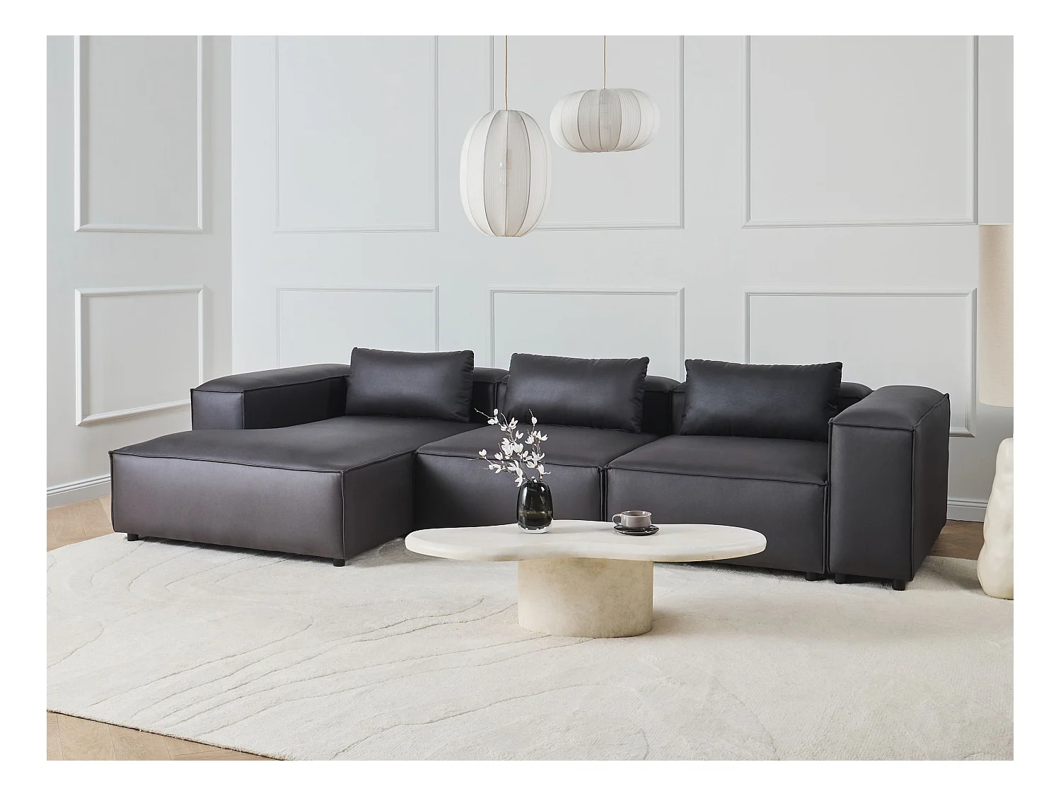 Canapé d'angle modulable 4 places BRANDE Cuir PU Noir Côté droit