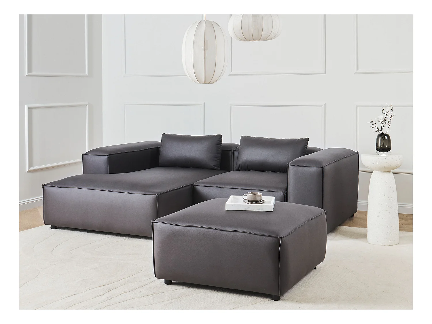 Canapé d'Angle à gauche Modulaire Moderne 2 Places en Cuir PU avec Ottoman Pouf Repose-Pieds Noir Brande