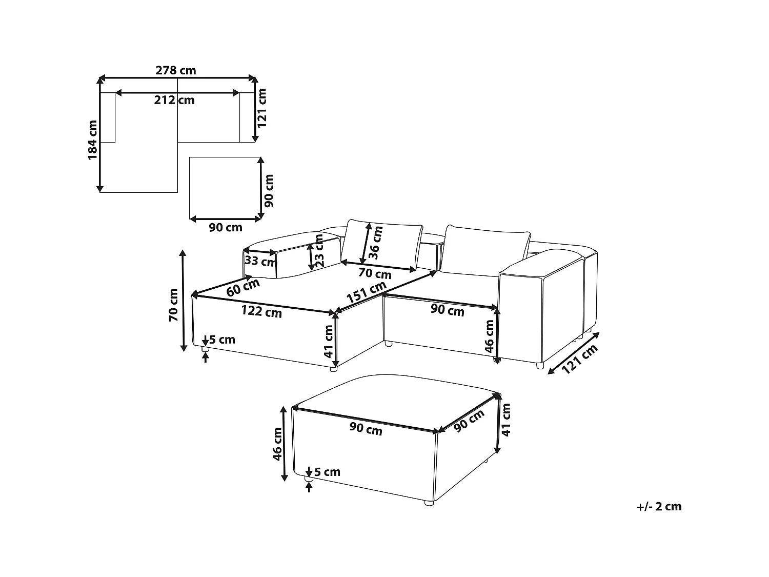 Canapé d'Angle à gauche Modulaire Moderne 2 Places en Cuir PU avec Ottoman Pouf Repose-Pieds Noir Brande