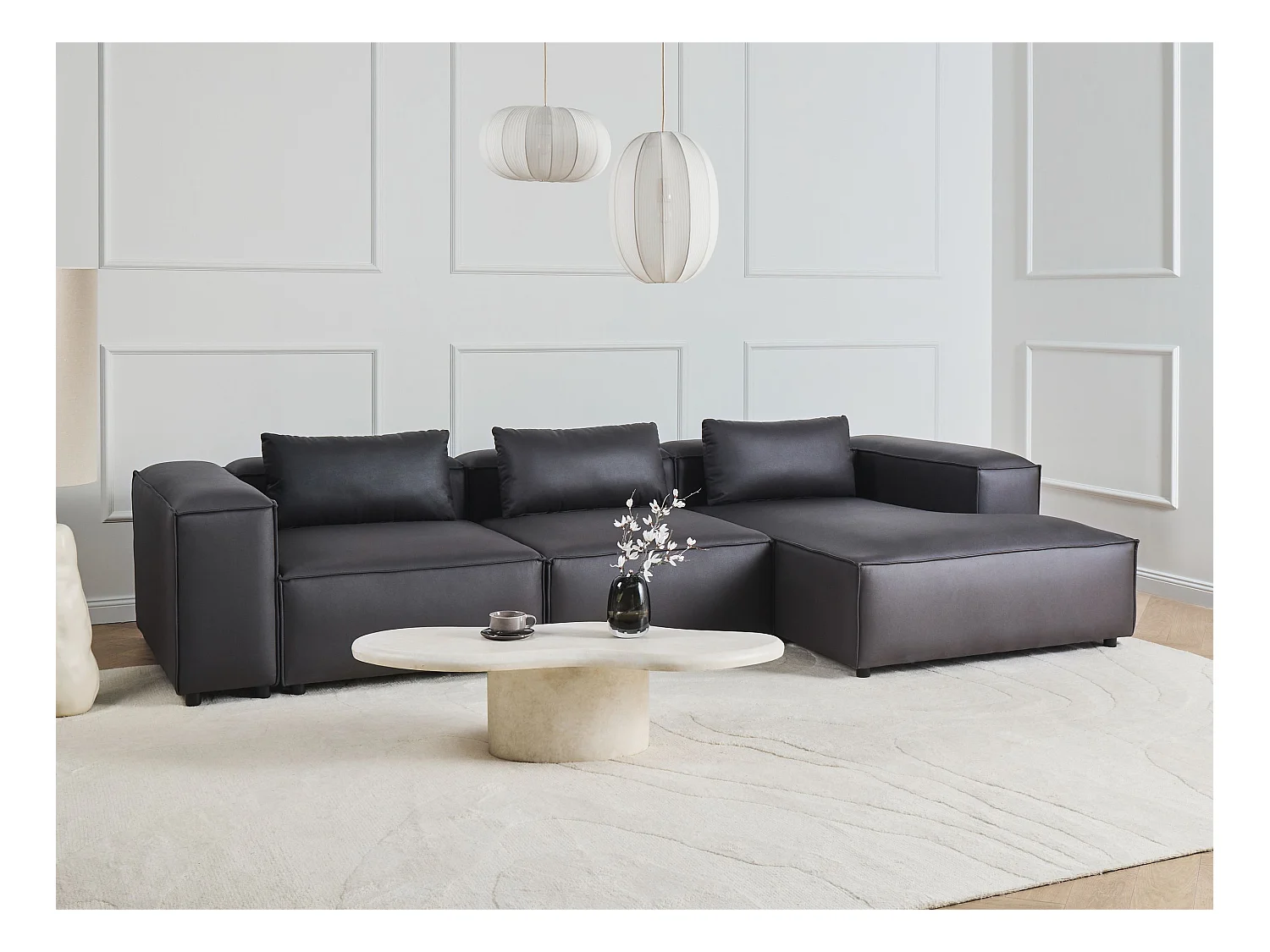 Canapé d'Angle à droite Modulaire Moderne Minimaliste 4 Places en Cuir PU Noir Brande