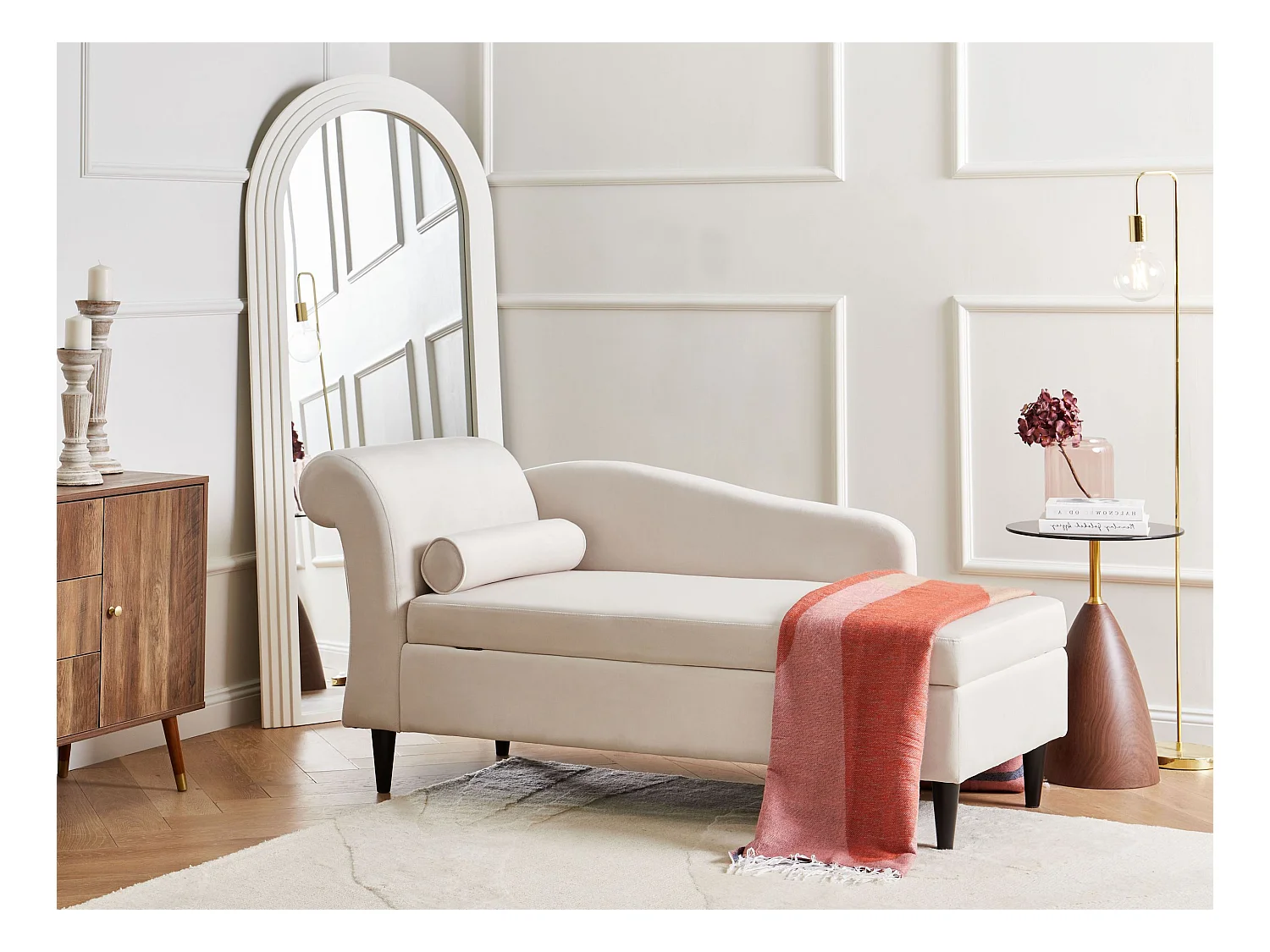 Chaise longue côté droite LUIRO Velours Beige avec rangement