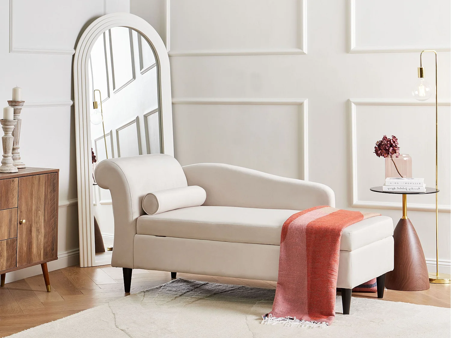 Chaise longue côté droite LUIRO Velours Beige avec rangement