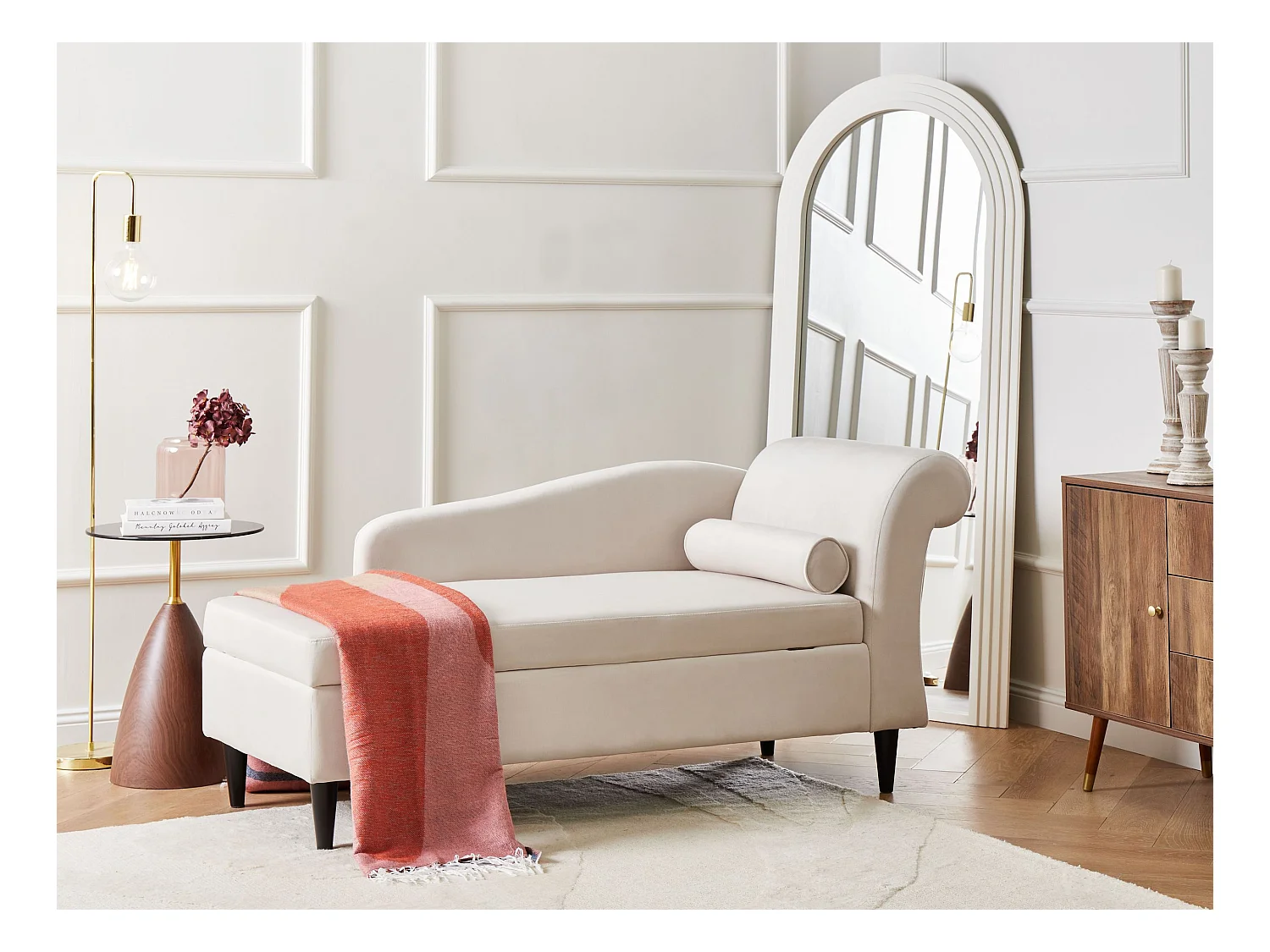 Chaise longue côté droit LUIRO Velours Beige avec rangement