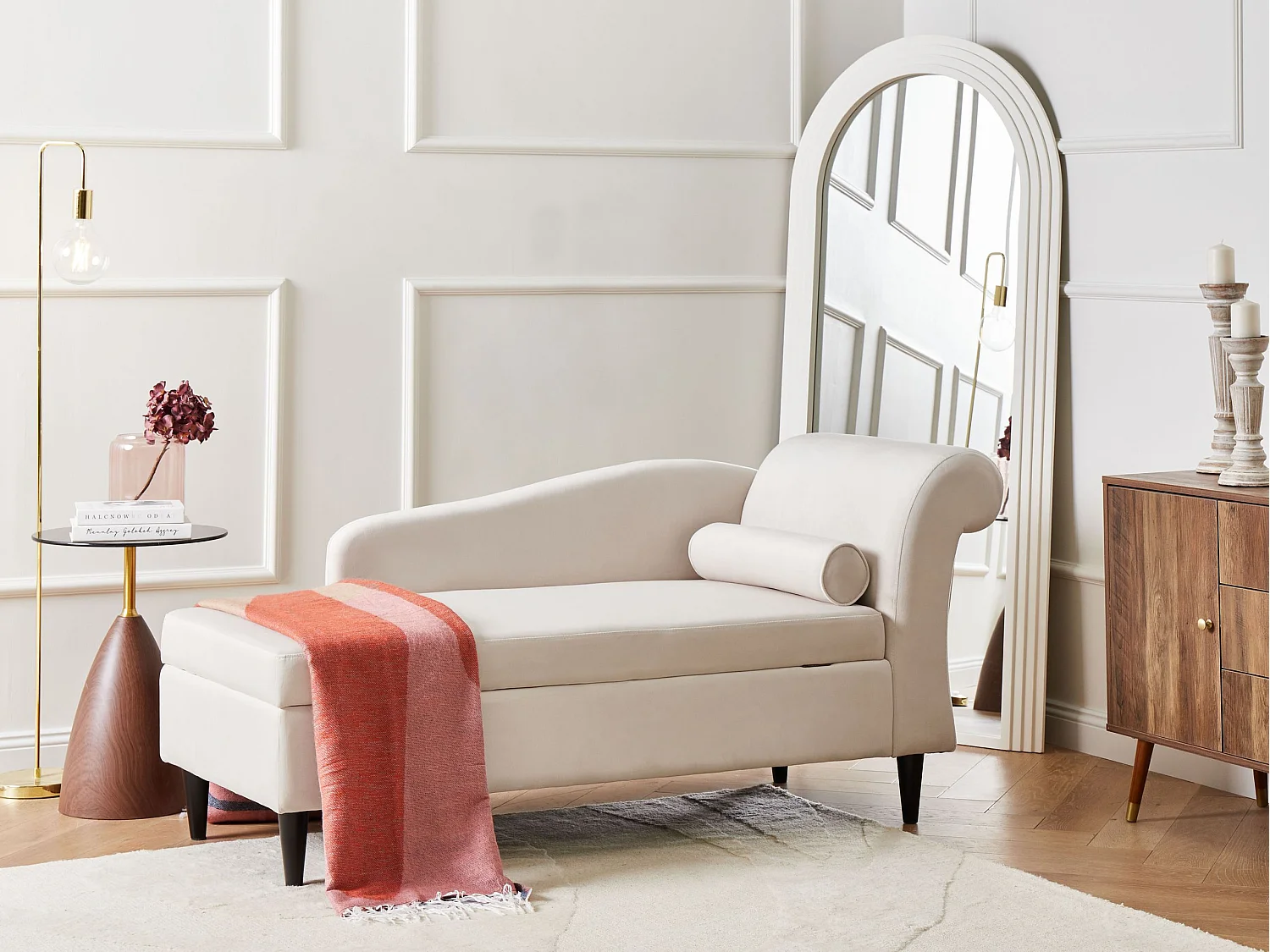 Chaise longue côté droit LUIRO Velours Beige avec rangement