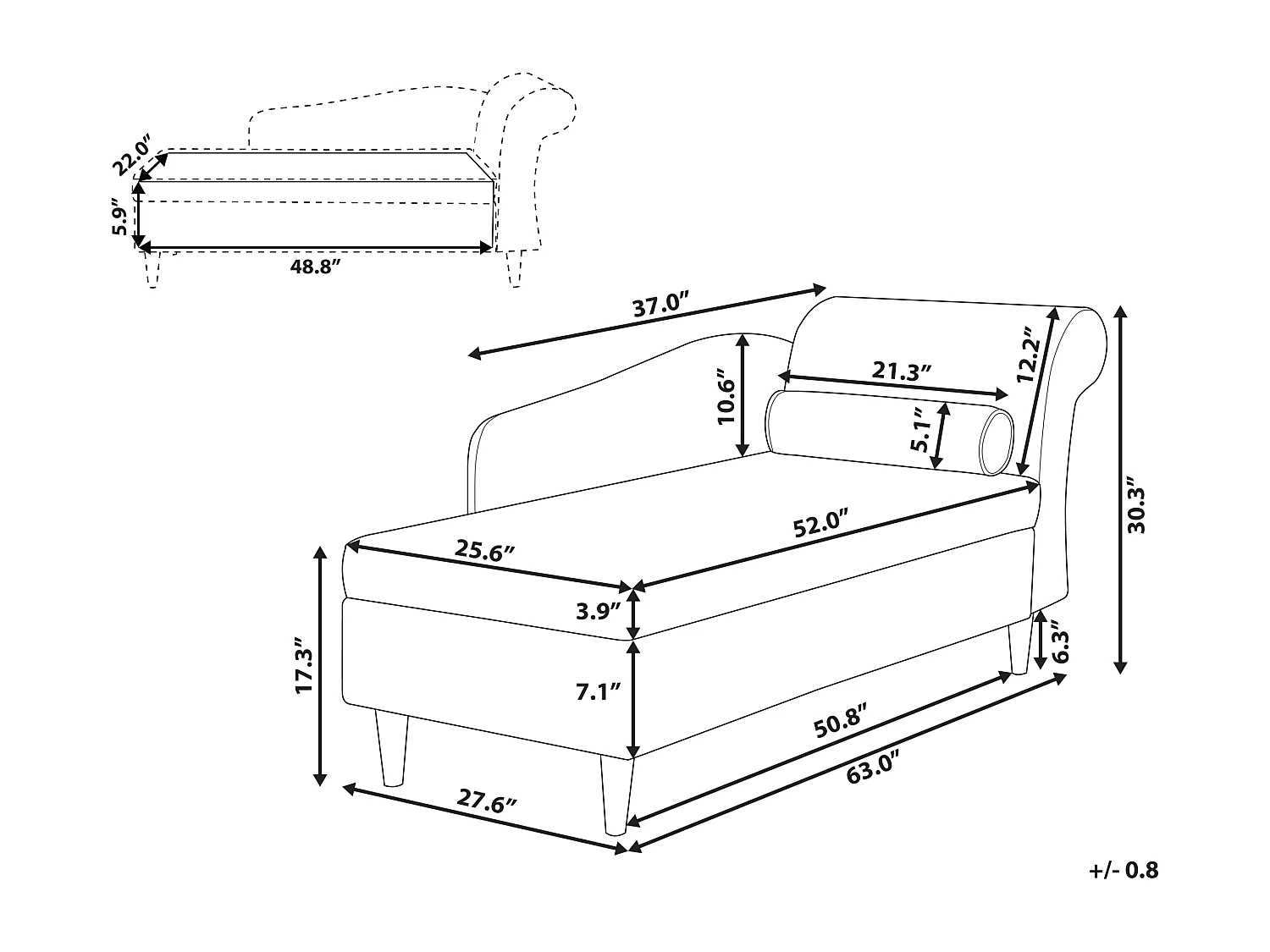 Chaise longue côté droit LUIRO Velours Beige avec rangement