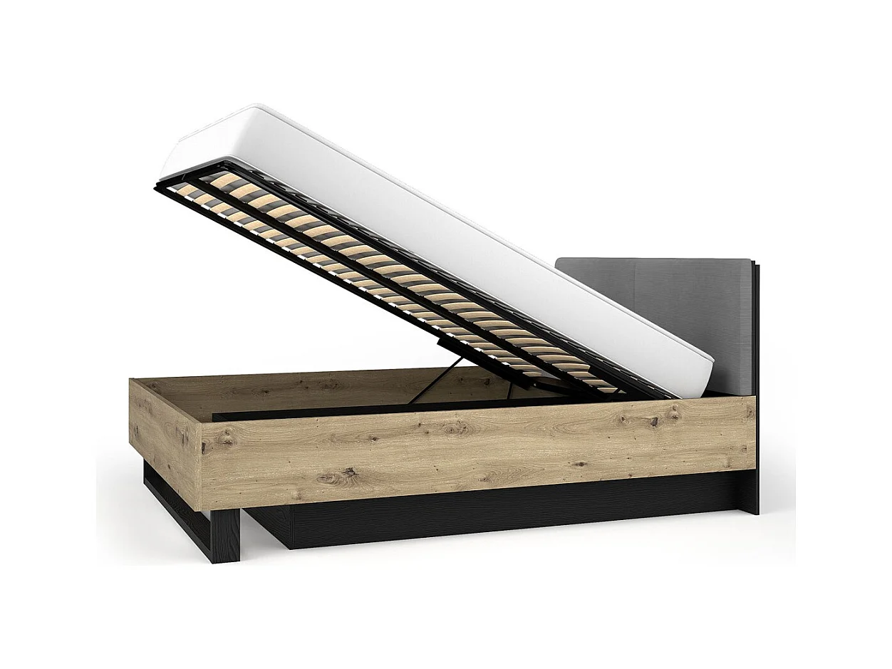 Cama con arcón MELODY 160x200 cm – Cabecero acolchado – Grafito negro y roble claro – 5 paquetes