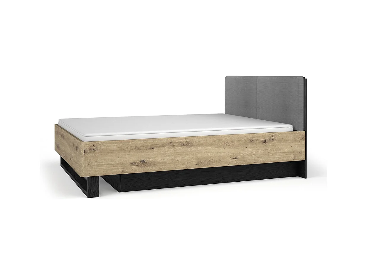 Cama con arcón MELODY 160x200 cm – Cabecero acolchado – Grafito negro y roble claro – 5 paquetes