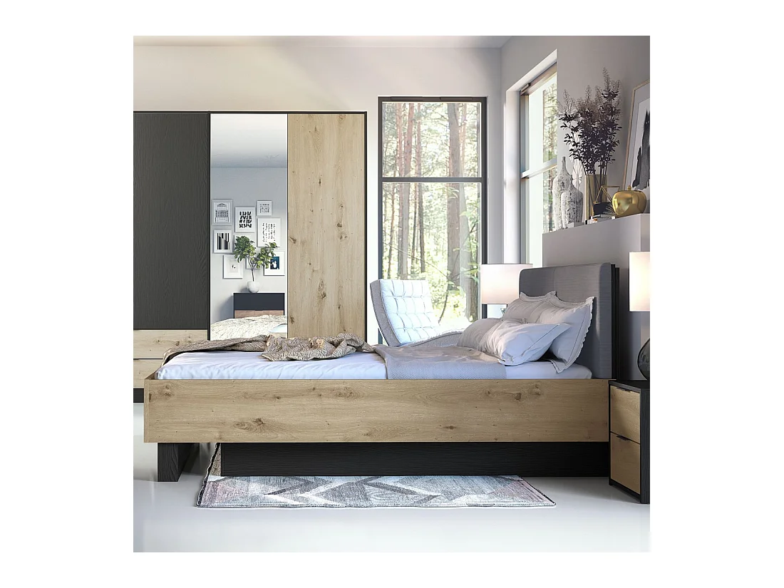 Cama con arcón MELODY 160x200 cm – Cabecero acolchado – Grafito negro y roble claro – 5 paquetes