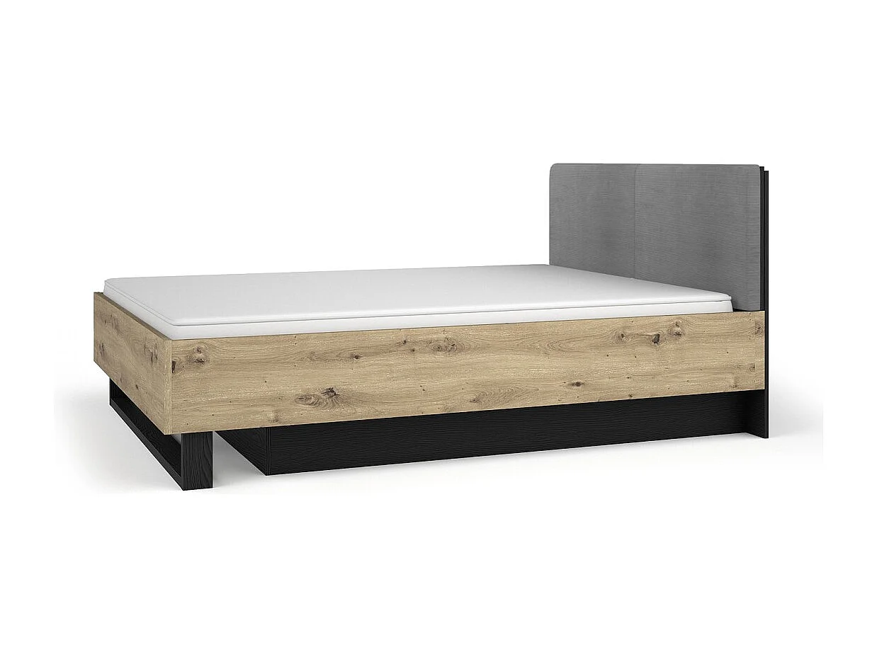 Cama con arcón MELODY 160x200 cm – Cabecero acolchado – Grafito negro y roble claro – 5 paquetes