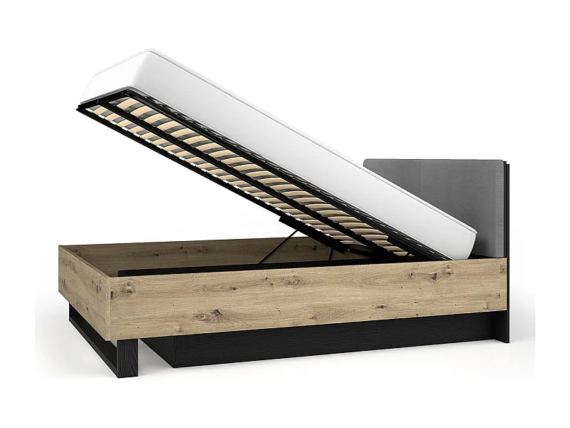 Lit coffre MELODY 160x200 cm – Tête de lit rembourrée – Noir graphite et chêne clair – 5 colis
