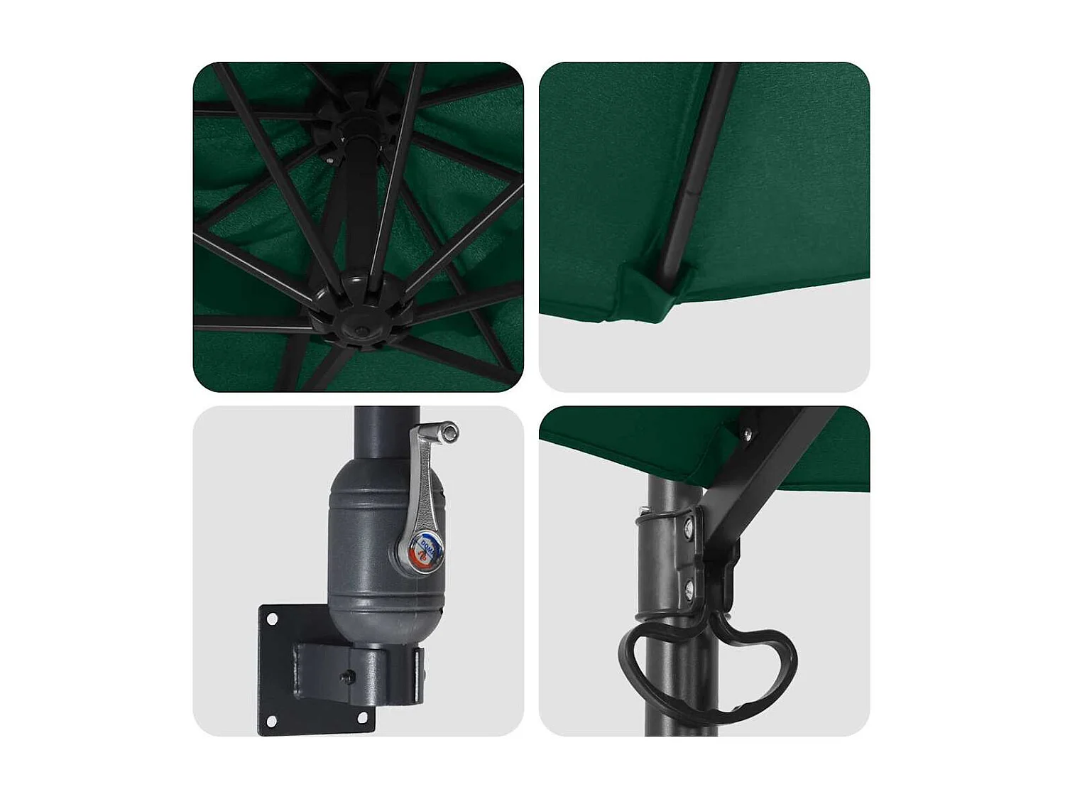 Grande ombrellone da giardino verde in metallo, poliestere, grande inclinazione