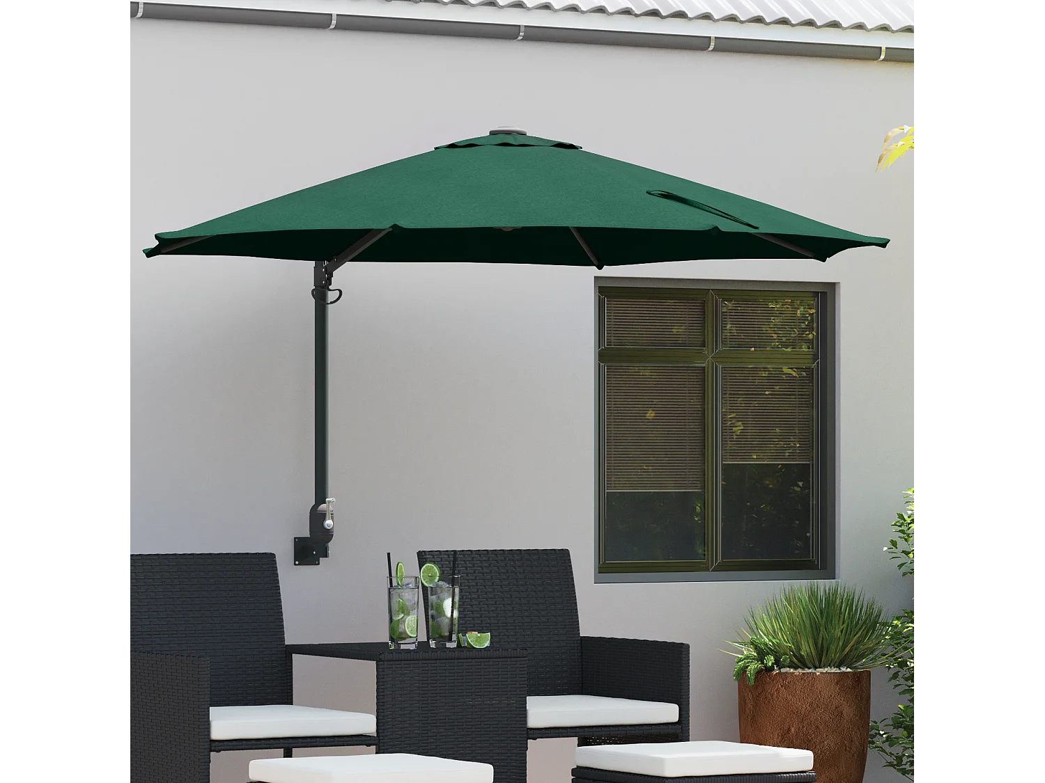 Grande ombrellone da giardino verde in metallo, poliestere, grande inclinazione