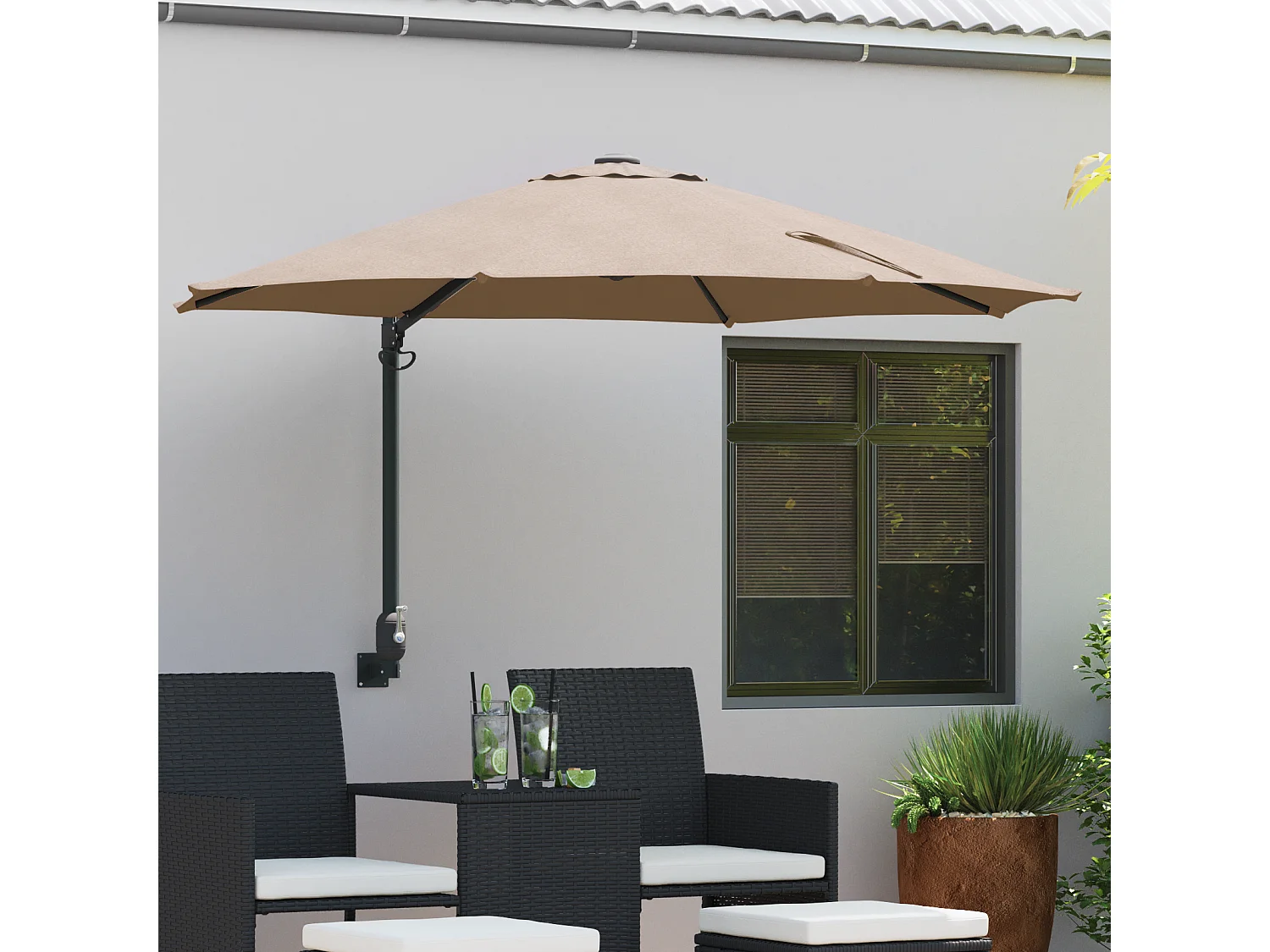 Ombrellone da giardino in poliestere color tortora, grande, pieghevole, rotondo, moderno