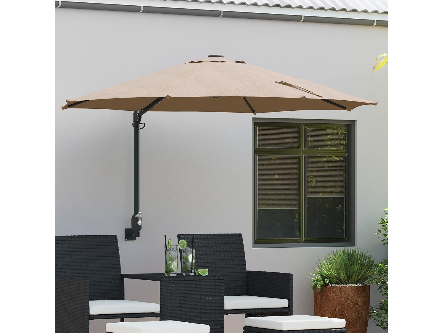 Ombrellone da giardino in poliestere color tortora, grande, pieghevole, rotondo, moderno