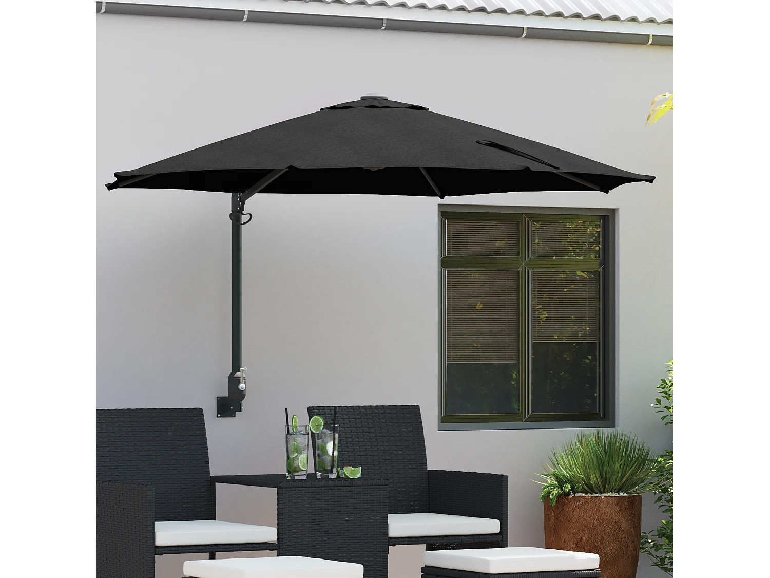 Ombrellone da giardino in poliestere nero, acciaio verniciato a polvere grande