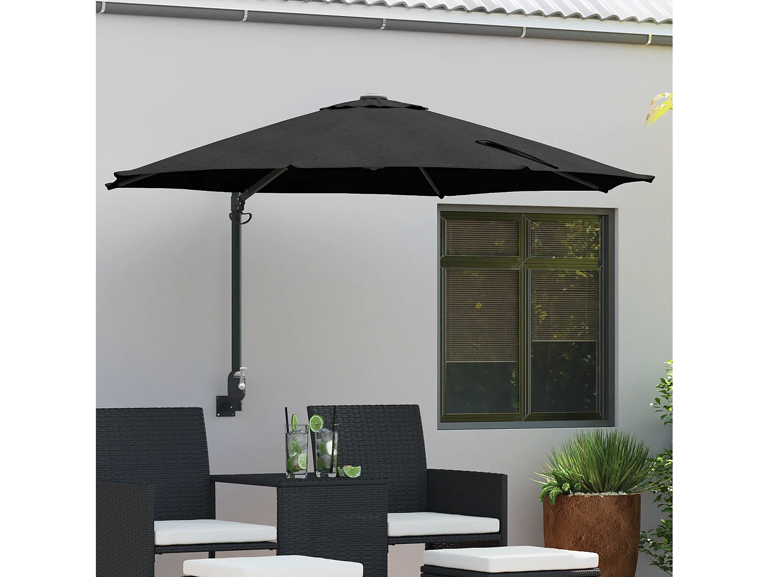 Ombrellone da giardino in poliestere nero, acciaio verniciato a polvere grande