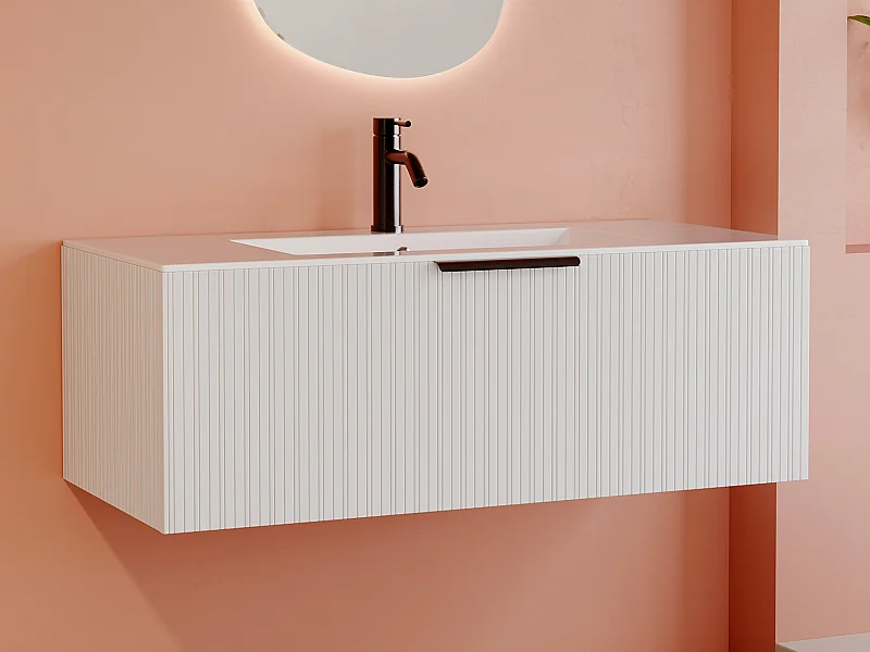 Meuble de salle de bain suspendu strié avec vasque à encastrer - Coloris blanc - 100 cm - PALIRO